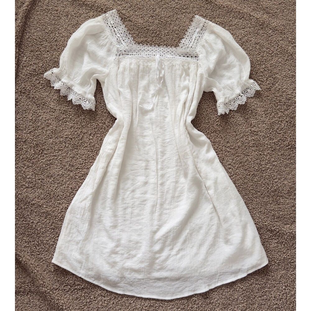 Indigo Rose white lace puff sleeve midi dress size L cottage core coquette